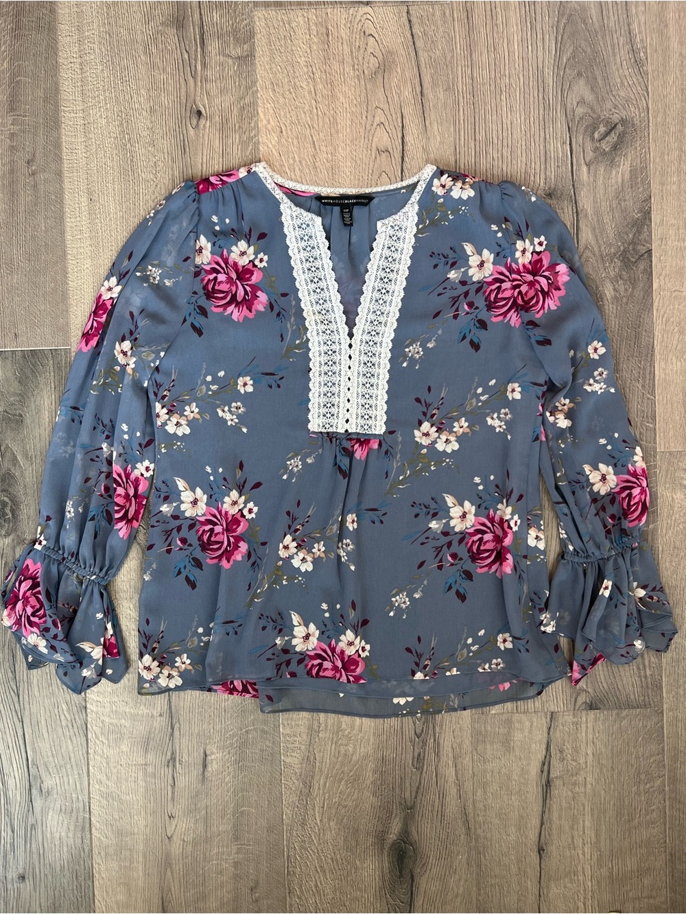 White House Black Market Blue Floral Lace-Trim Blouse